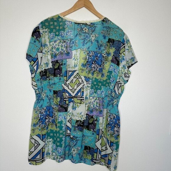 Notations Smocked Topper Size 3X Patchwork Print Sheer Lace Boho Peasant - Picture 2 of 15